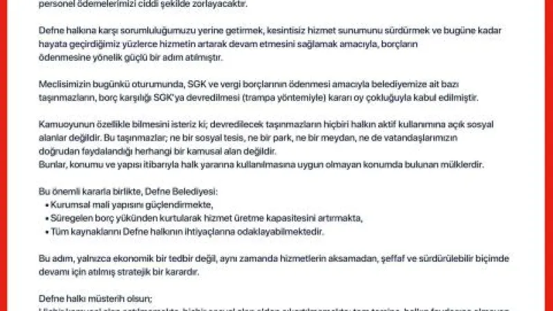 Defne Belediyesi, Devlet Borçlarını Ödemek İçin Taşınmaz Satacak