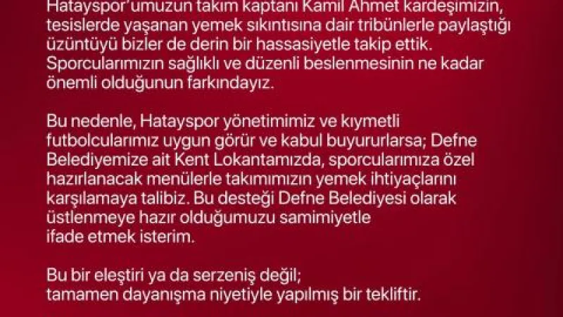 DEFNE BELEDİYESİ'NDEN HATAYSPOR'A YEMEK ÖNERİSİ