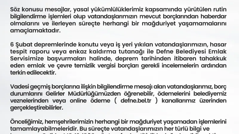 Defne Belediyesi'nden Vergi Borçları Açıklaması