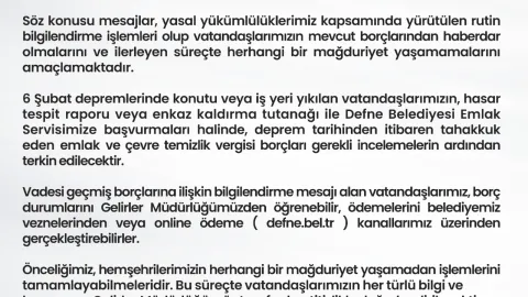 Defne Belediyesi'nden Vergi Borçları Açıklaması