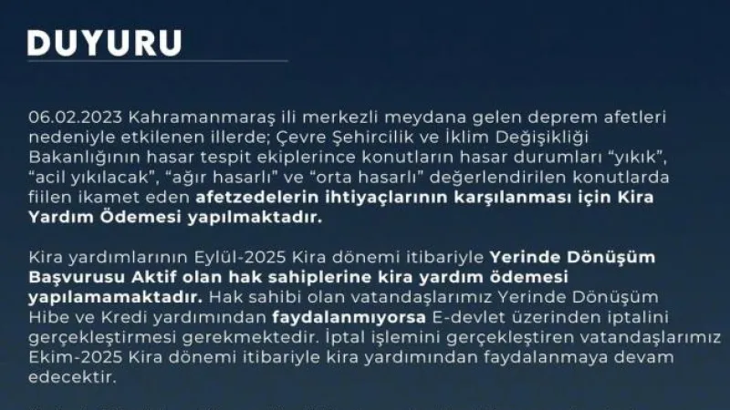 HATAY AFAD’DAN KİRA YARDIMI İLE İLGİLİ AÇIKLAMA