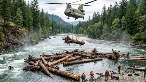 Helikopterlerle nehrin ortasına yüzlerce ton kütük attılar