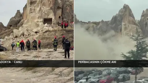Kapadokya'da peribacasının çökme anı kameraya böyle yansıdı