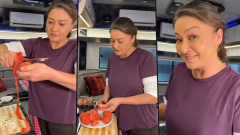 Nurgül Yeşilçay sette menemen yaptı. "Bol biberli ve soğanlı"