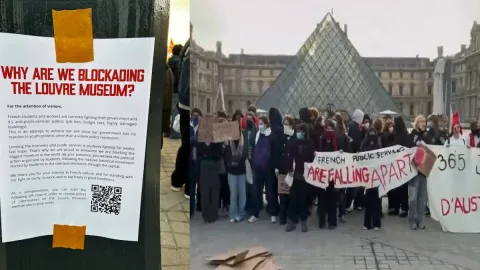 Protestocular kapadıkları Louvre müzesinin önüne uyarı astı