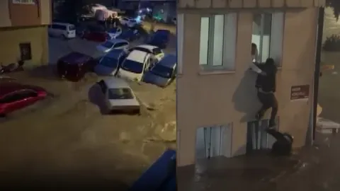 Sel suları araçları sürükledi, vatandaşlar böyle canını kurtardı