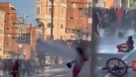 Su topuyla vurulan protestocu kadın yere yıkıldı