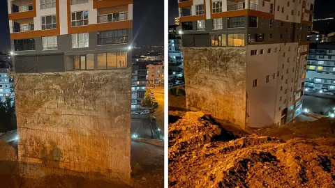 Toprak kayması sonrası yamaçta inşa edilen 17 katlı binanın temeli ortaya çıktı