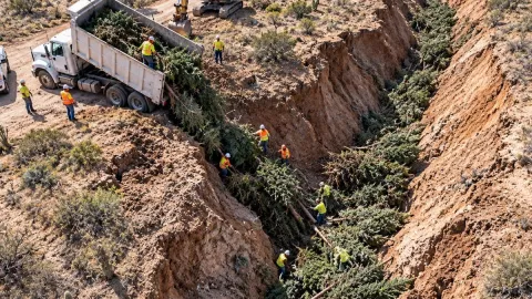 Yüzlerce metrelik yarığın içini ağaçlarla doldurdular